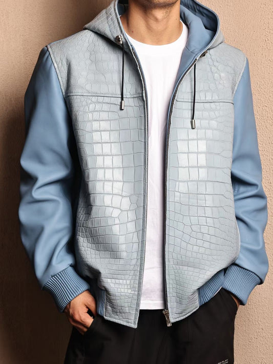 Men's Baby Blue Premium Crocodile Skin Leather Hoodie Jacket , Genuine Lambskin Leather Hoodie