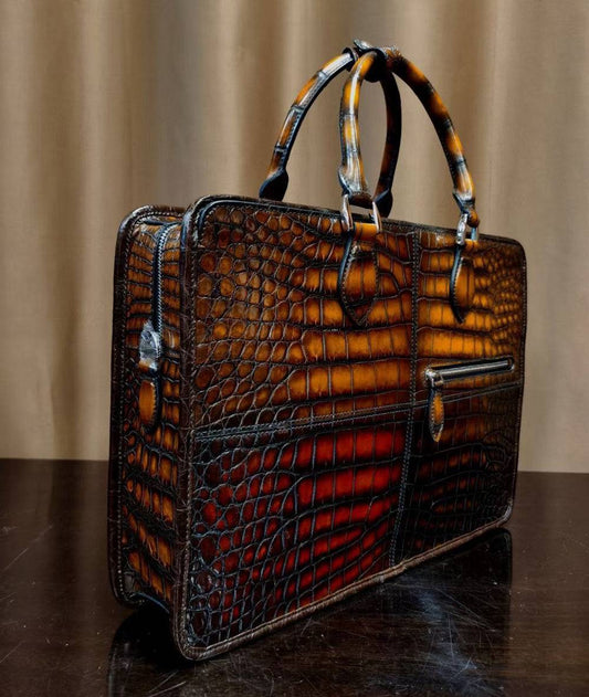 Men's Vintage Multi Color Crocodile Leather Briefcase With Carry on Duffel Bag Trolley Sleeve 38498