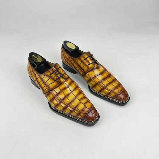 Crocodile Shoes Men's Crocodile Leather Norwegian Stitching Fiddleback Sole Lace Up Dress Shoes Vintage Amber Yellow
