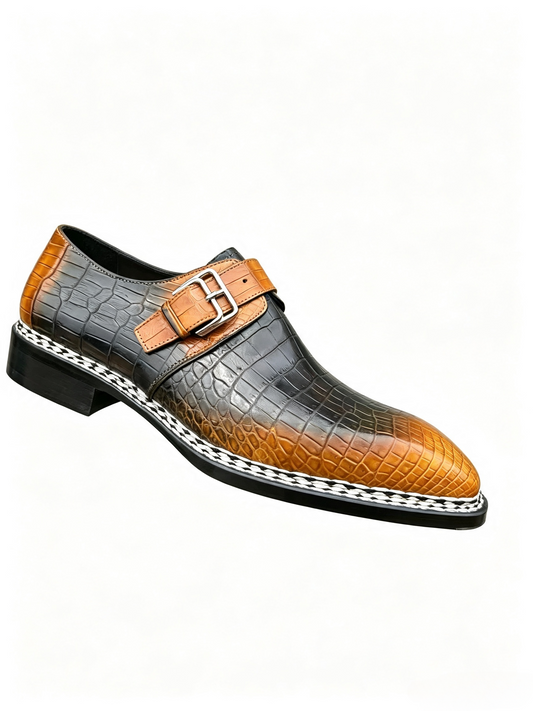 Men's Norwegian Sewn Vintage Crocodile Leather Monk Strap Business Dress Shoes