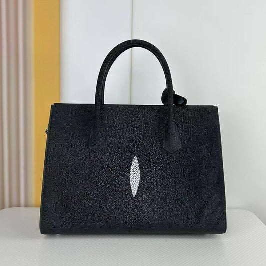 Womens Genuine Stingray Skin Leathe Shopper Tote Bag Black