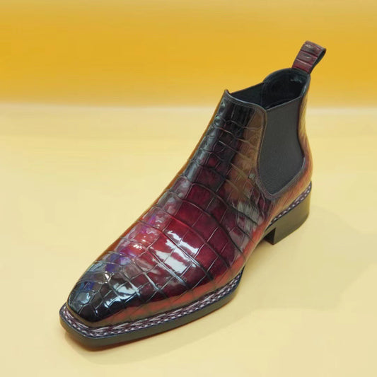 Crocodile Shoes, Men's Norwegian Stitch Vintage Red Crocodile Leather Chelsea Boots