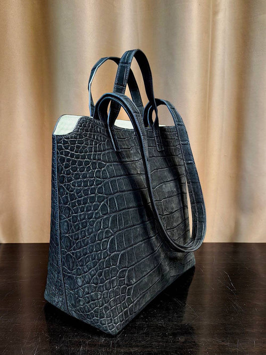 Nubuck Crocodile Leather Shopper Tote Bag