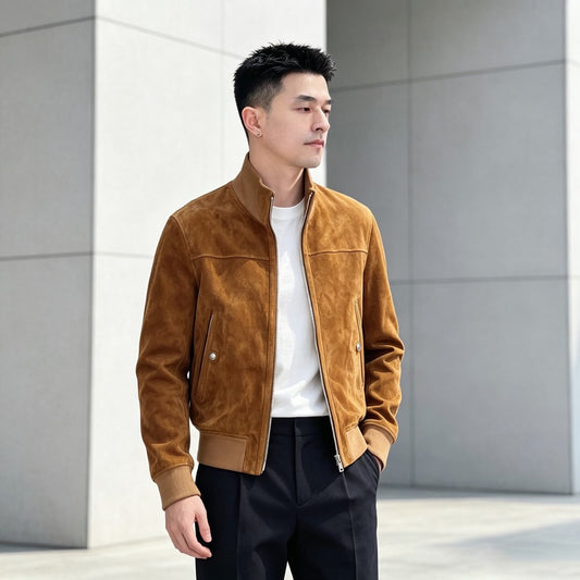 Mens's Suede Leather Zip-Up Bomber Jacket In Tan & Dark Brown