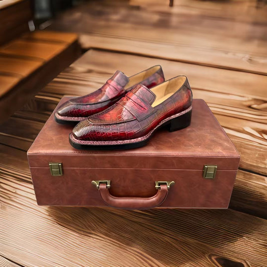 Crocodile Shoes, Men's Crocodile Shoes, Men's Norwegian Vintage Wine Red Crocodile Leather Slip-On Loafer Shoes