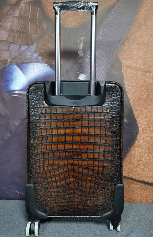 Retro Brown Crocodile Leather Trolley/Roll Aboard Suitcase Weekend/Travel Bag Trolley Case Universal Wheels 20-Inch