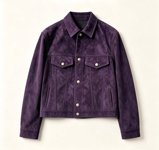 Mens's Suede Leather Tracker Jacket In Deep Purple