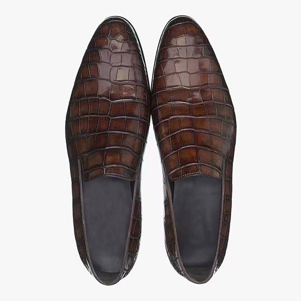 Crocodile Shoes Mocassini da uomo penny loafer, scarpe slip-on casual eleganti in vera pelle di coccodrillo, marrone vintage