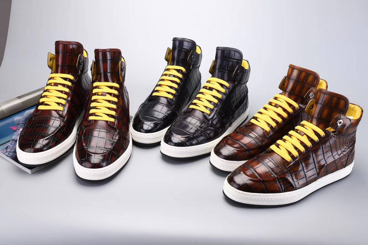 Sneakers da uomo in pelle di vero coccodrillo, sneakers con tacco alto grigie e marroni