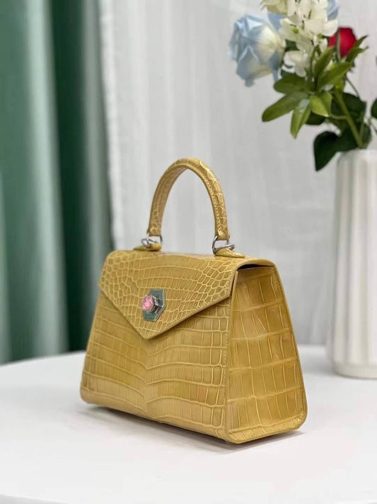 Womens Beige Shiny Crocodile Leather Top Handle Cross Body Bag