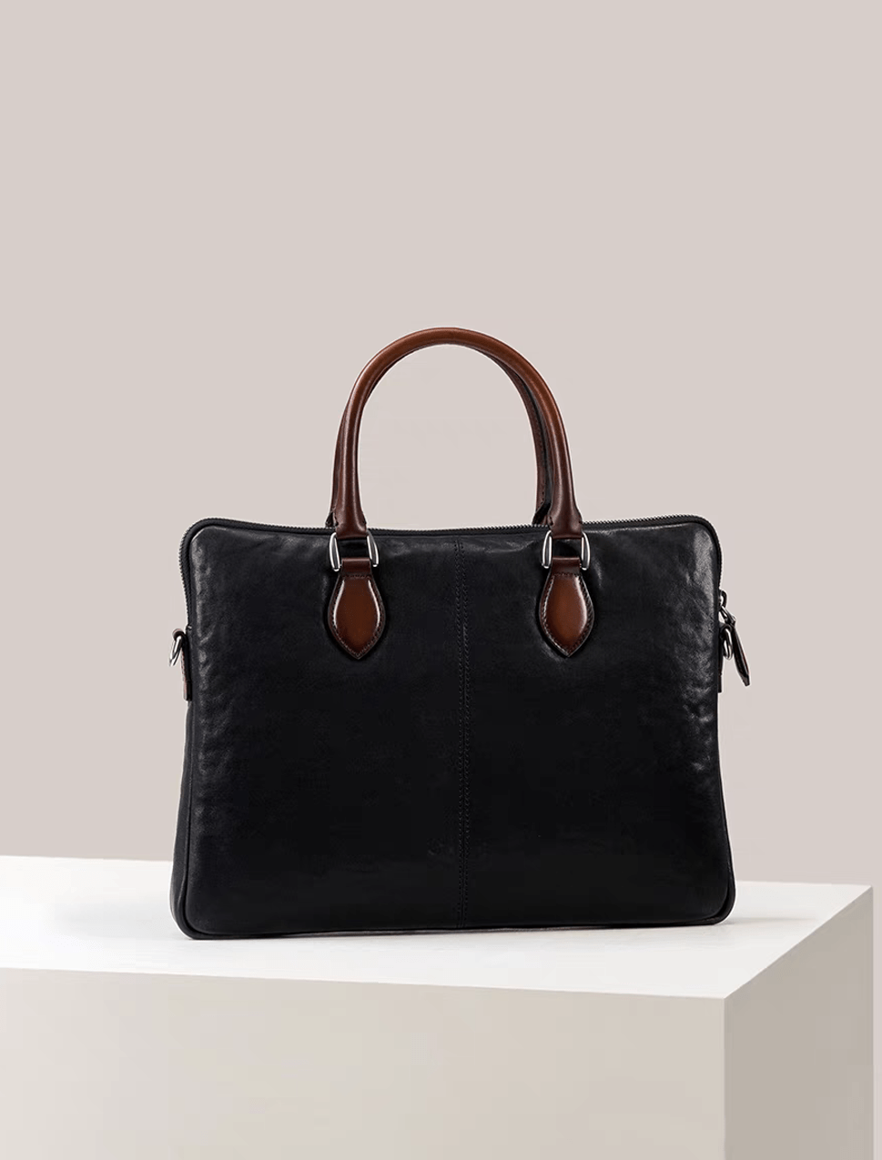 Borsa cartella porta laptop in pelle di vitello importata da 15 pollici, nero classico