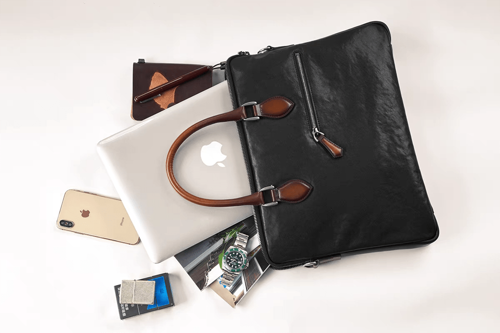 Borsa ventiquattrore per laptop in pelle di vitello importata da 15 pollici, classica nera