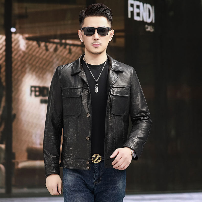 Notch Lapel Collar Leather Jacket,Button Fastening Men Calfskin Leather Jacket