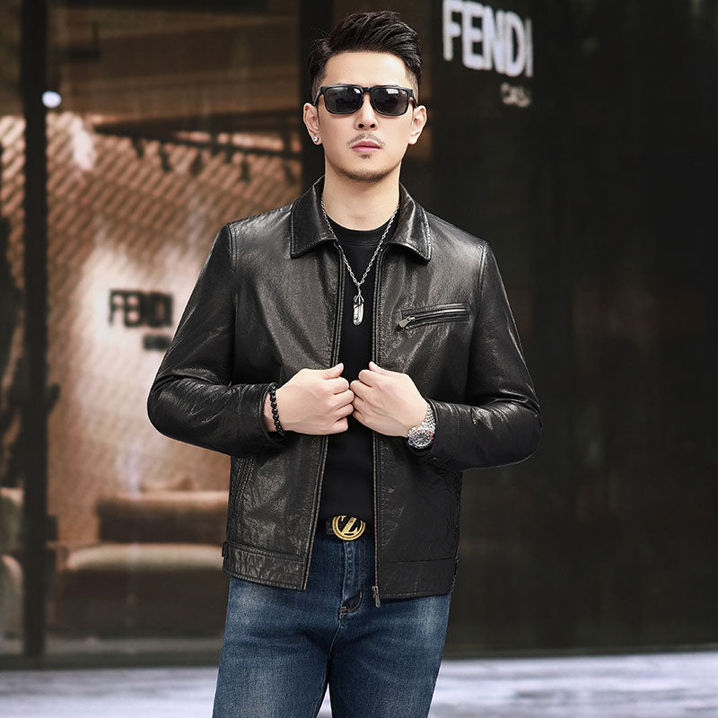 Leather Motorcycle Jacket ,Men Leather Classic Car Jacket Zipper Casual Coat Lapel ,Classic Male Slim Outwear Coats