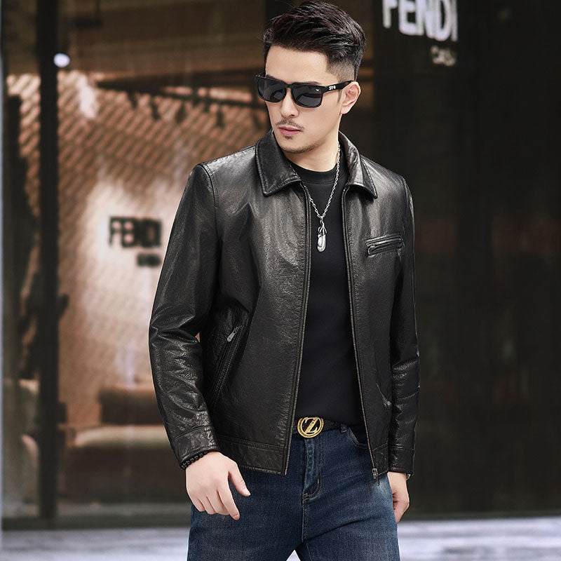 Leather Motorcycle Jacket ,Men Leather Classic Car Jacket Zipper Casual Coat Lapel ,Classic Male Slim Outwear Coats