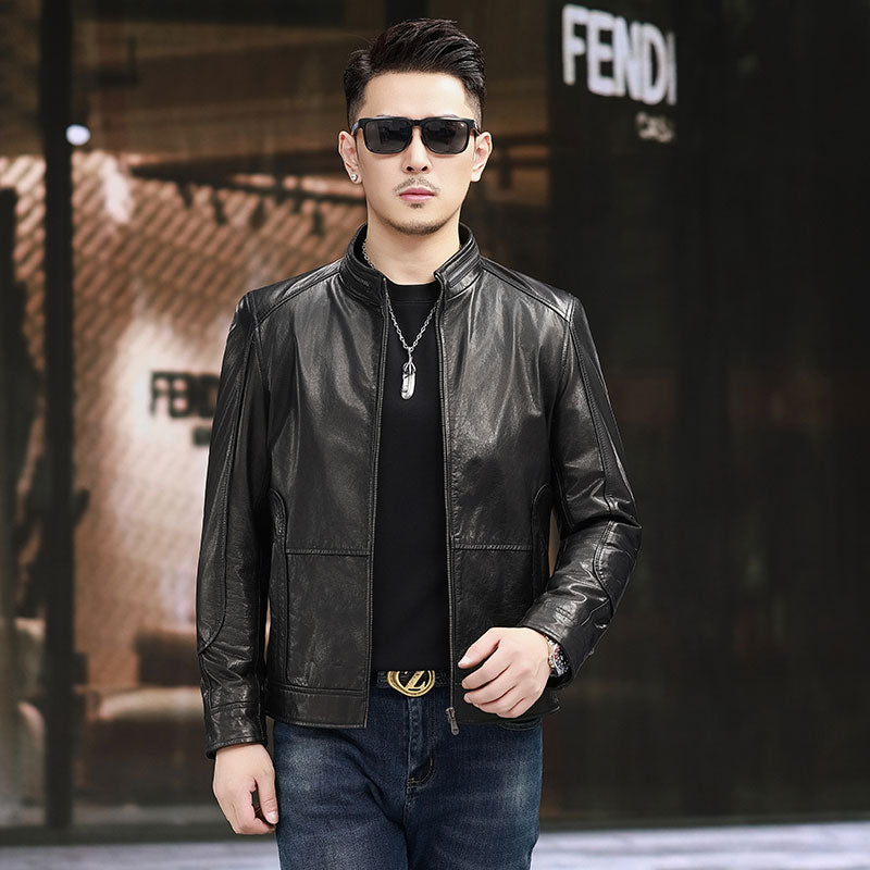 Leather Jacket , Men's Fashion Nehru Zip- Collar Leather Short Jacket
