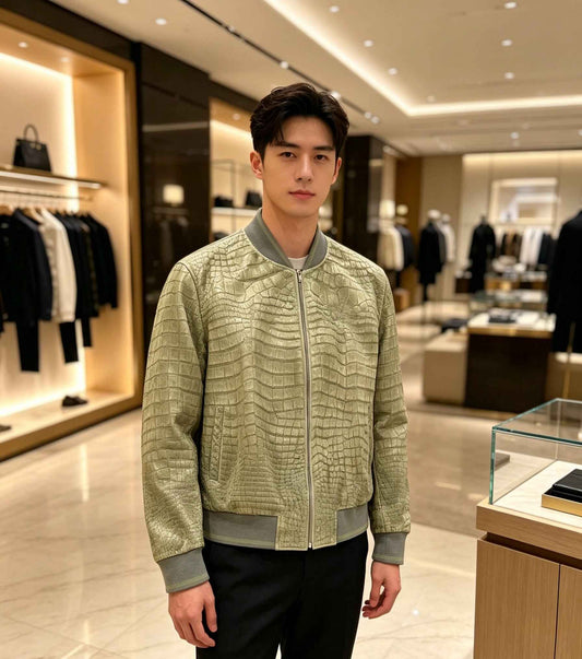 Men's Nubuck Oliver Green Crocodile Skin Leather Jacket