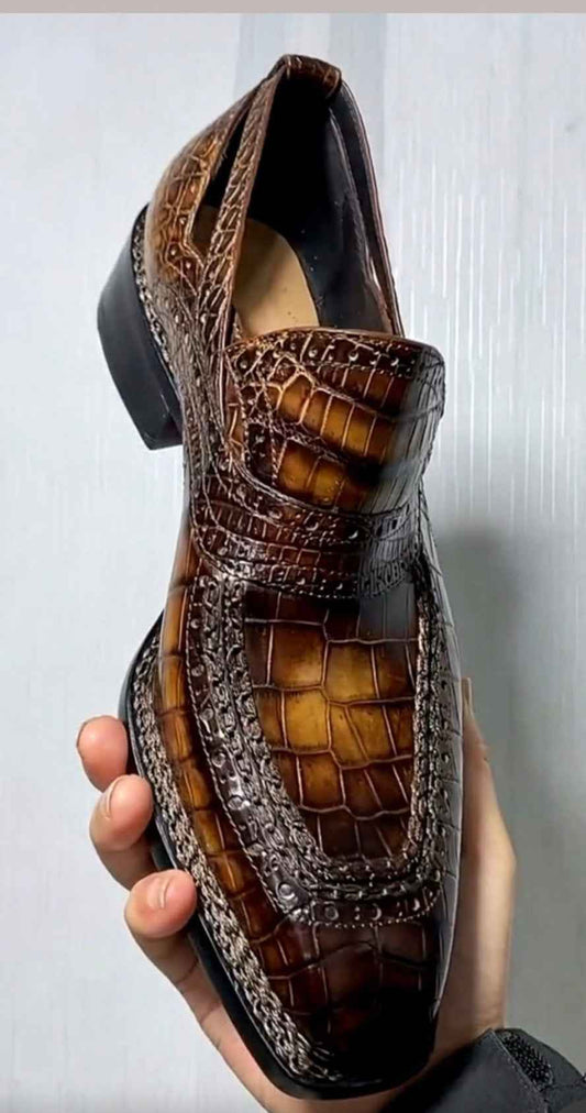 Crocodile Shoes, Crocodile Leather Norwegian Sewn Dress Loafer Shoes