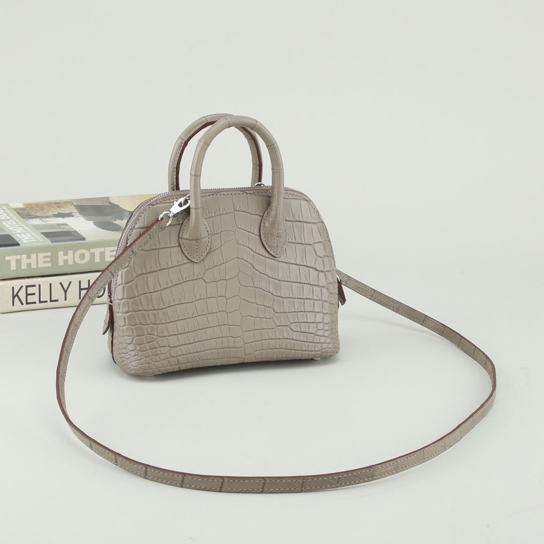 Prorder Genuine Crocodile Leather Shell Promennade Trapezoid Cross Body Bag Grey Small