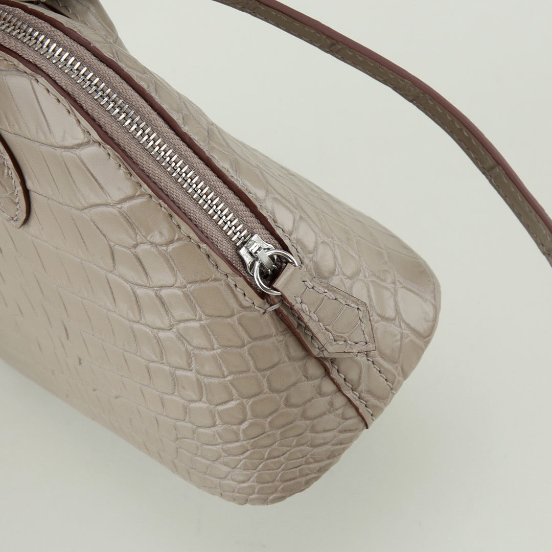 Prorder Genuine Crocodile Leather Shell Promennade Trapezoid Cross Body Bag Grey Small