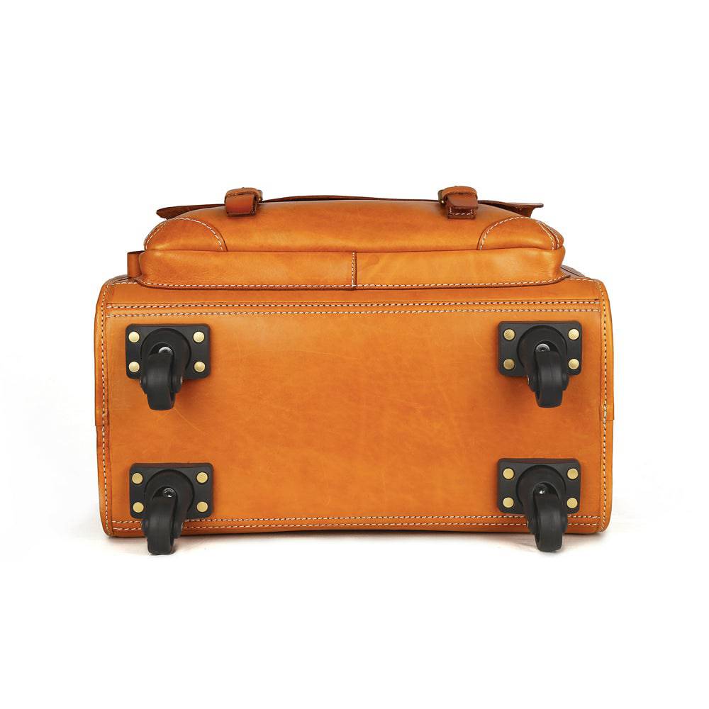 20" Vintage Vegetable Tanned Leather Carry-On Rolling Luggage, Universal Spinner Old Vintage Vegetable Tanned Leather Wheeled Suitcase Camel