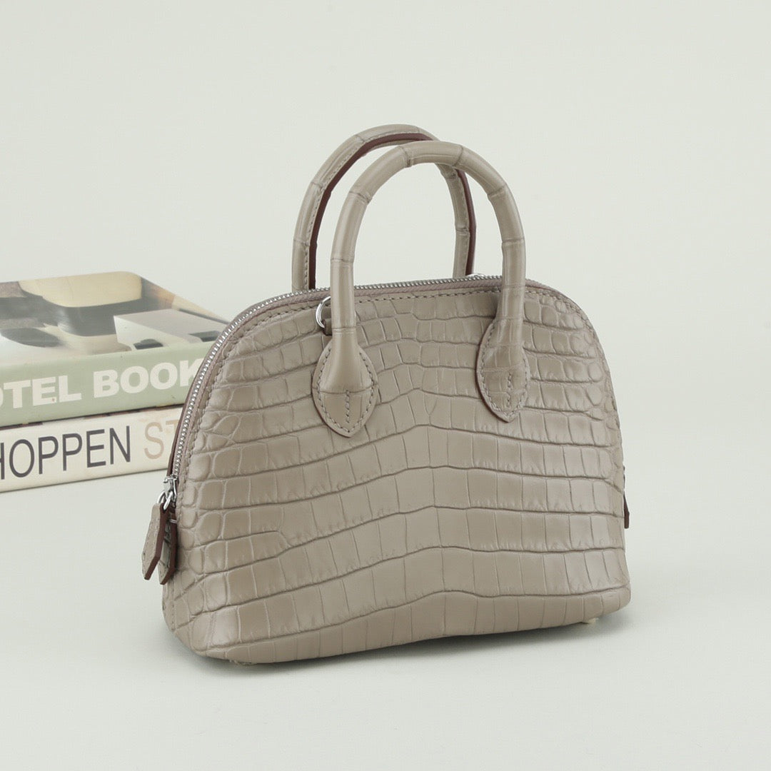 Prorder Genuine Crocodile Leather Shell Promennade Trapezoid Cross Body Bag Grey Small