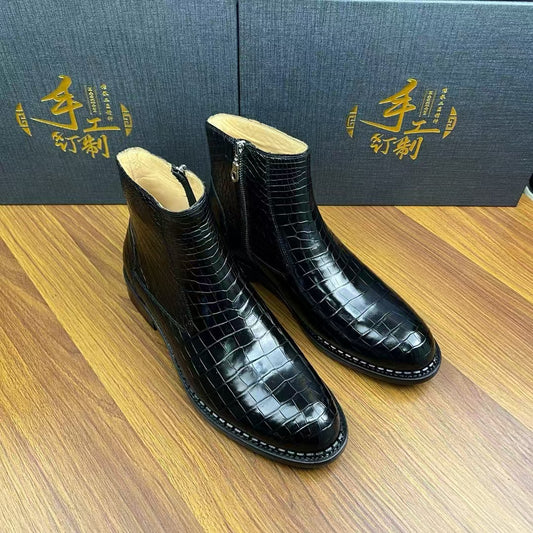 Preorder crocodile Shoes Men's Crocodile Leather Side Zipper Chelsea Boots Vintage Brown