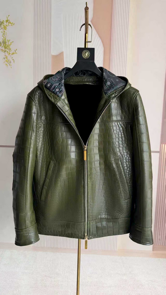 Special Offer ,Preorder Now Men's Crocodile Skin Leather Jacket Dark Green