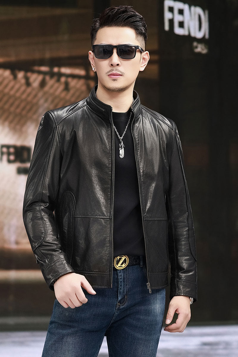 Leather Jacket , Men's Fashion Nehru Zip- Collar Leather Short Jacket