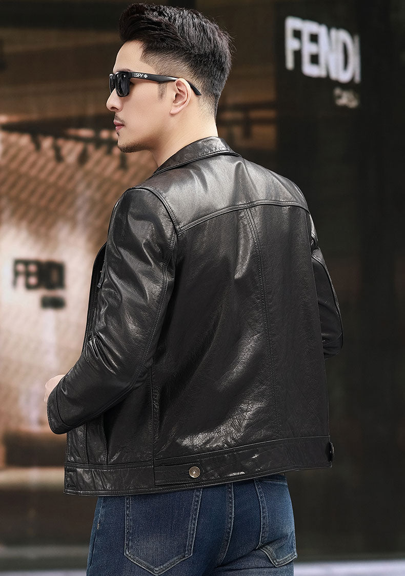Notch Lapel Collar Leather Jacket,Button Fastening Men Calfskin Leather Jacket