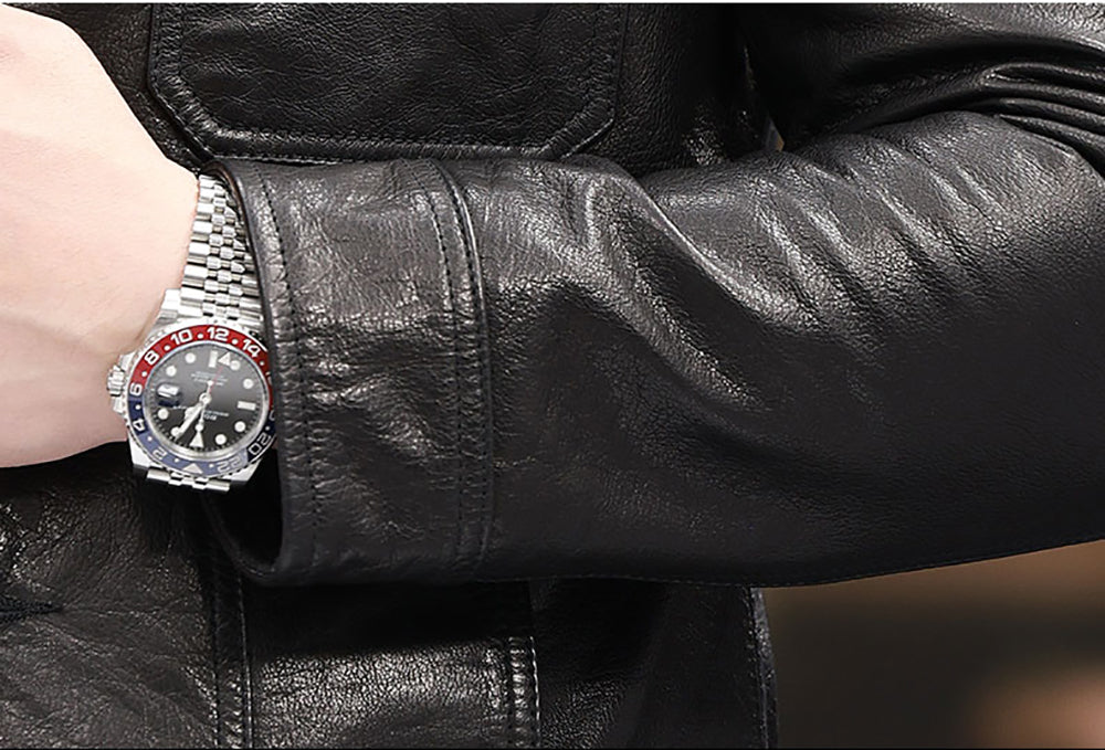 Notch Lapel Collar Leather Jacket,Button Fastening Men Calfskin Leather Jacket