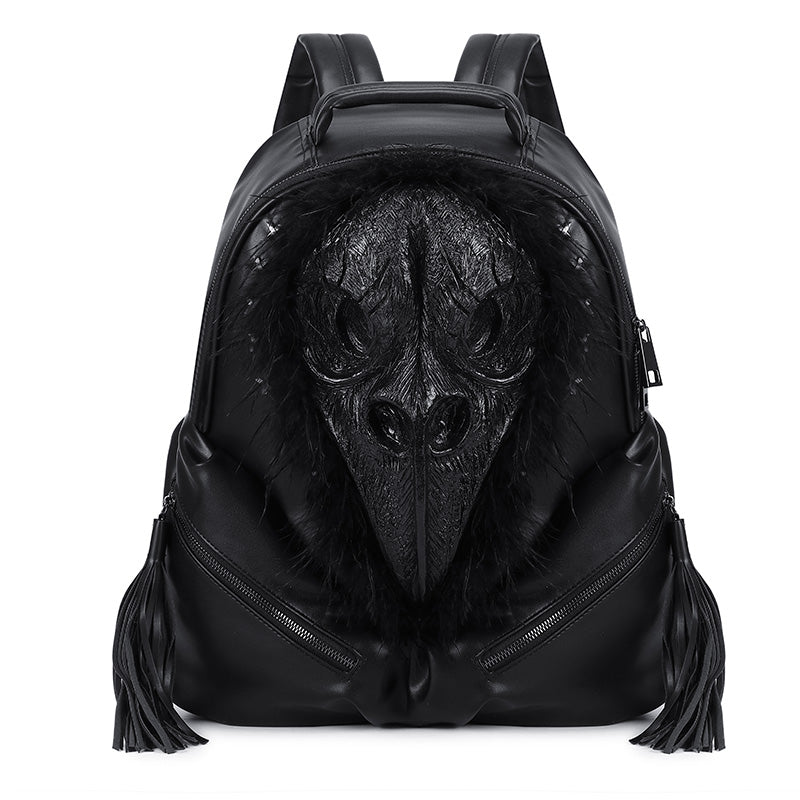 3D Backpack 3D PU Leather Beak Skull With Feather Computer Backpack