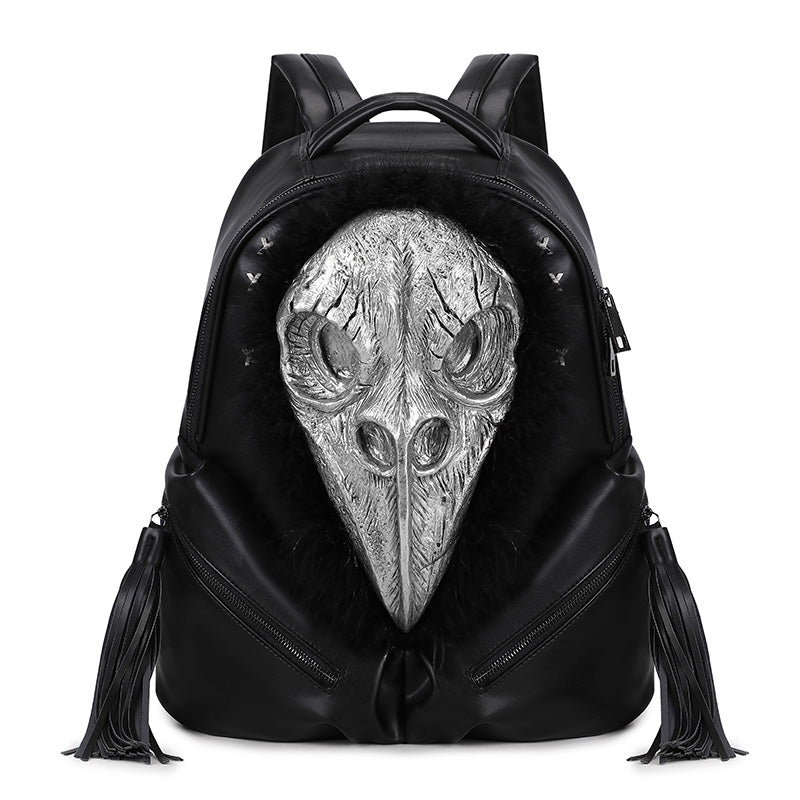 3D Backpack 3D PU Leather Beak Skull With Feather Computer Backpack
