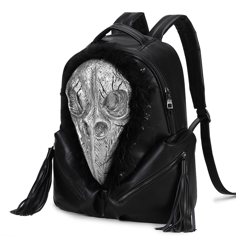 3D Backpack 3D PU Leather Beak Skull With Feather Computer Backpack