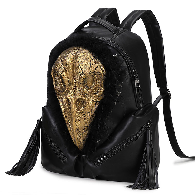 3D Backpack 3D PU Leather Beak Skull With Feather Computer Backpack