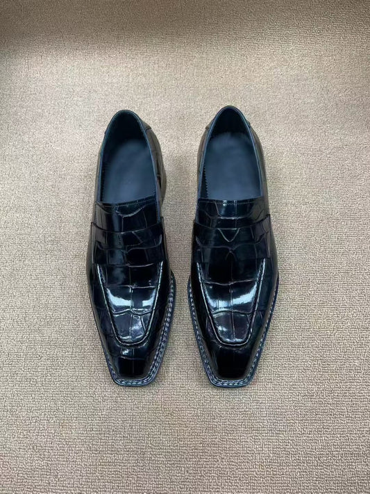 Preorder Crocodile Shoes Black Crocodile Leather Norwegian Sewn Dress Loafer Shoes