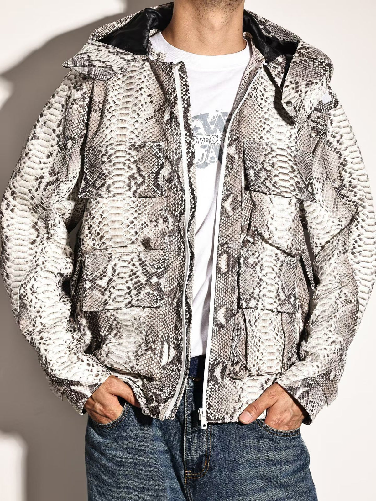 Python Leather Jacket , Mens Python Skin Leather Slim Fit Motorcycle Bomber Biker Jacket
