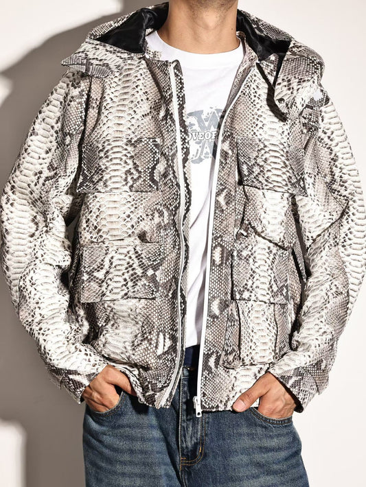 Python Leather Jacket , Mens Python Skin Leather Slim Fit Motorcycle Bomber Biker Jacket