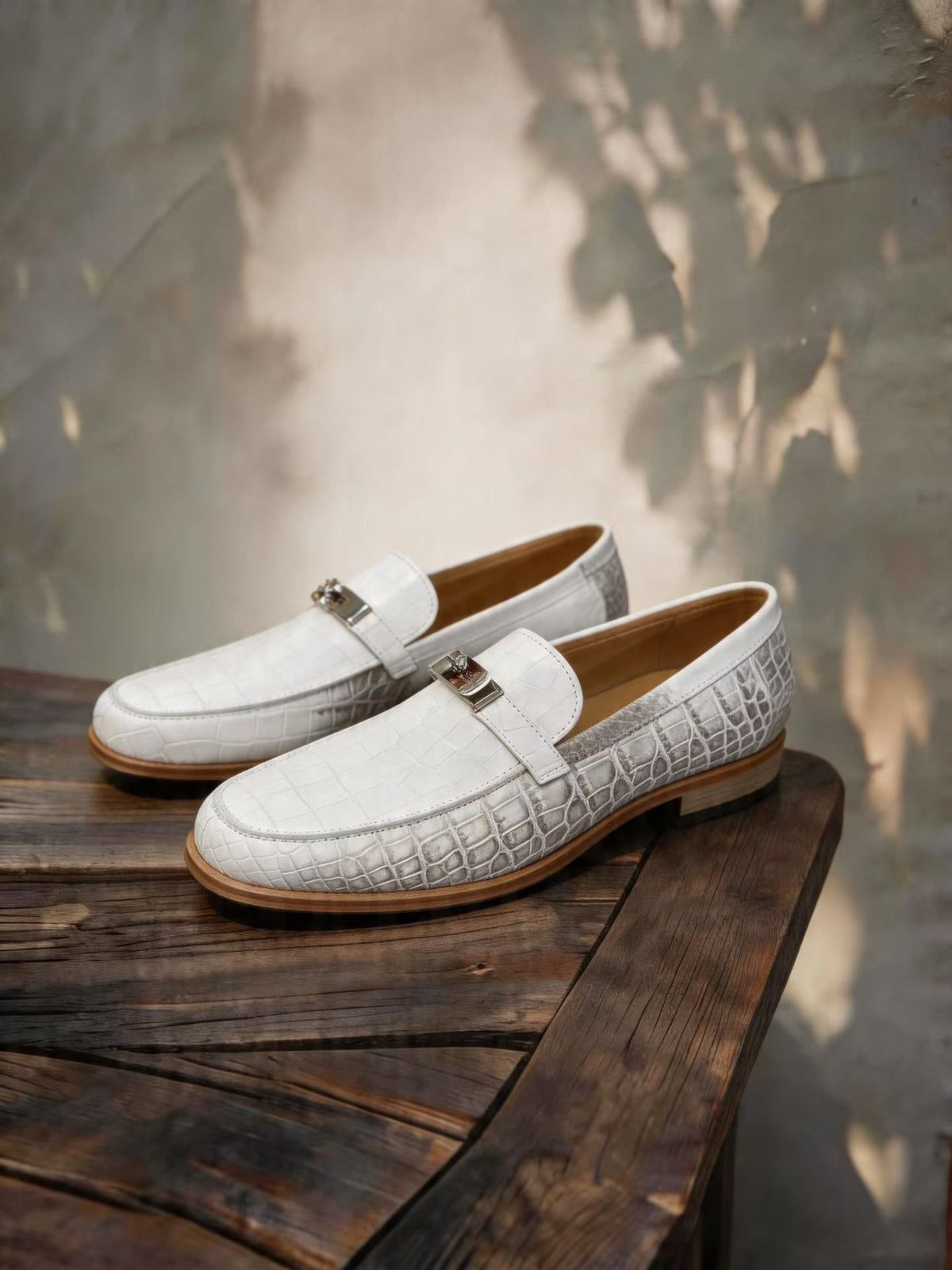 Crocodile Shoes, Himalayan White Genuine Crocodile Leather Buckle Loafer Shoes