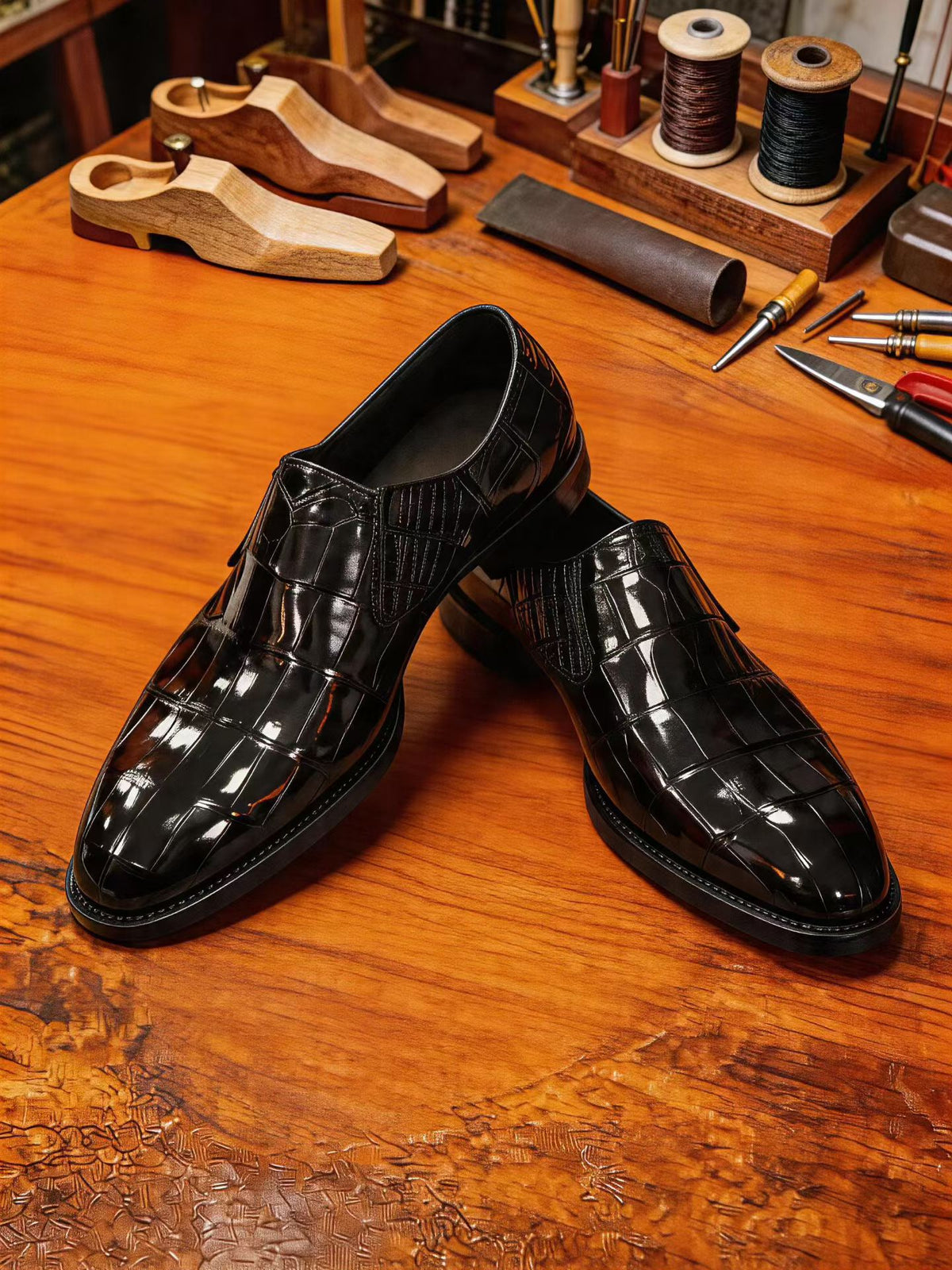 Crocodile Shoes Men's Crocodile Leather Loafer Dress Shoes Black