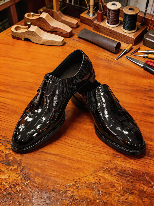 Crocodile Shoes Men's Crocodile Leather Loafer Dress Shoes Black