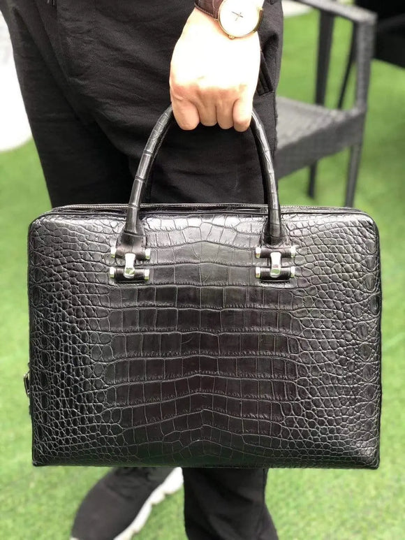 Black Genuine Crocodile  Leather Briefcase With Side Password Knock
