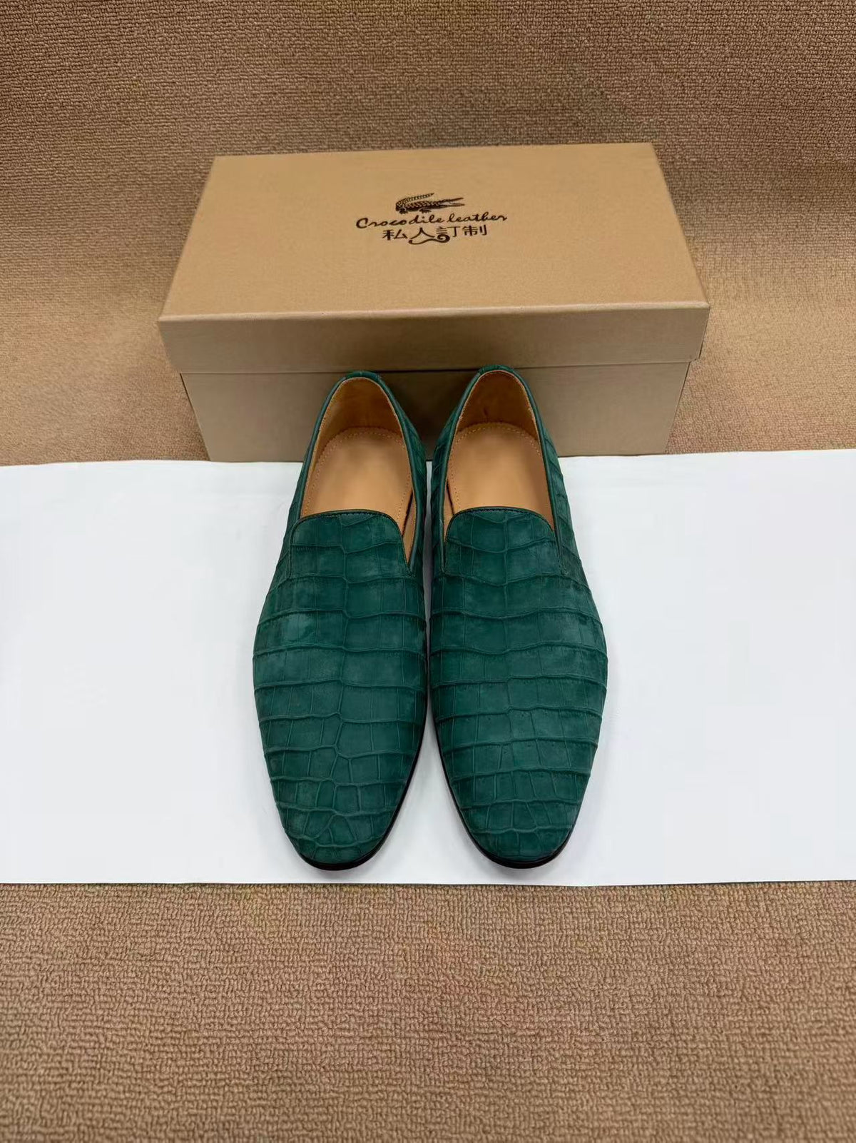 Crocodile Shoes, Men's Nubuck Crocodile Leather Slip-On Loafer Shoes Green