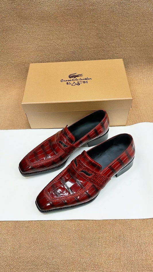 Crocodile Shoes, Crocodile Leather Norwegian Sewn Dress Loafer Shoes Red & Black