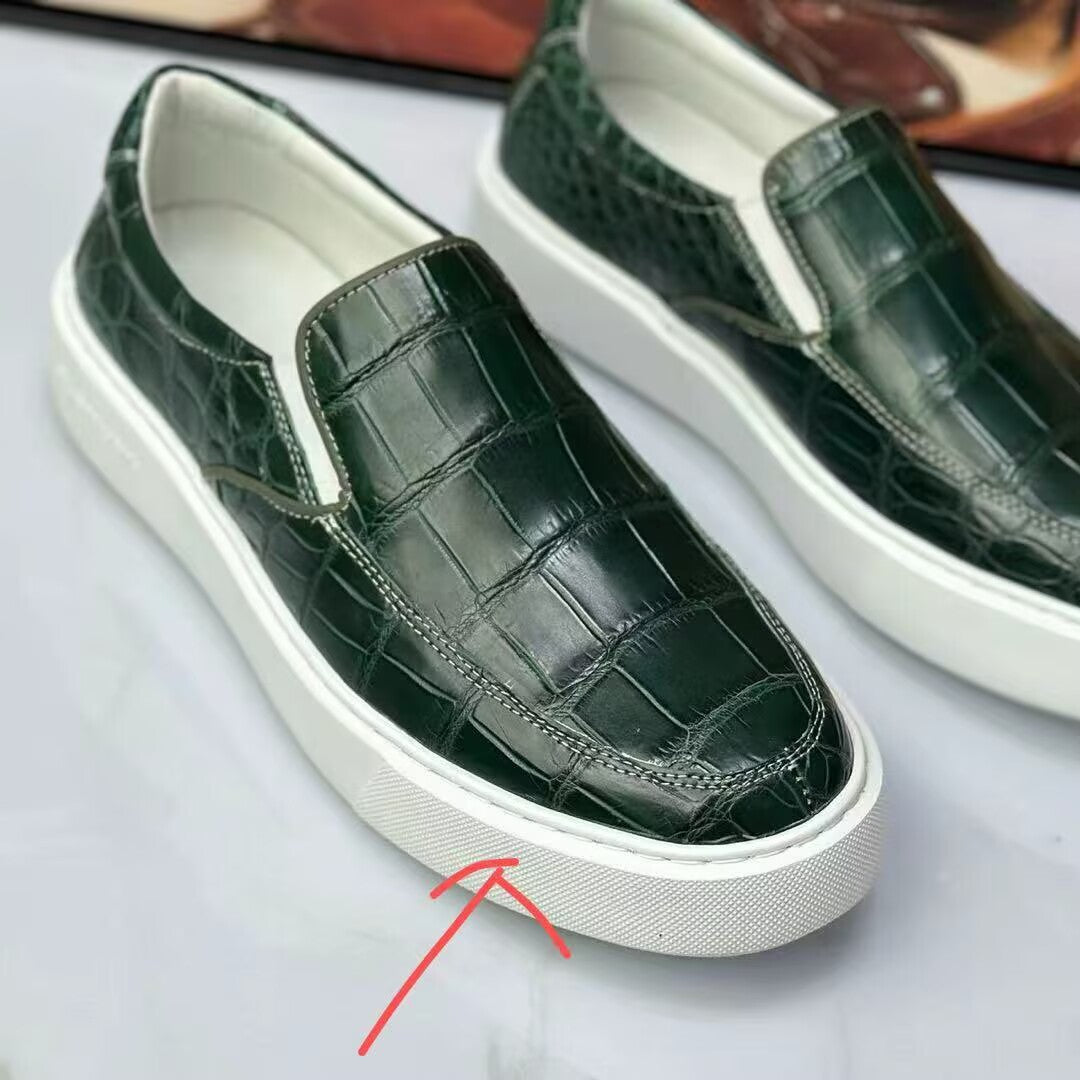Preorder Crocodile Shoes Mens Crocodile Bone Leather Driving Shoes Slip on Flats Walking Shoes Black