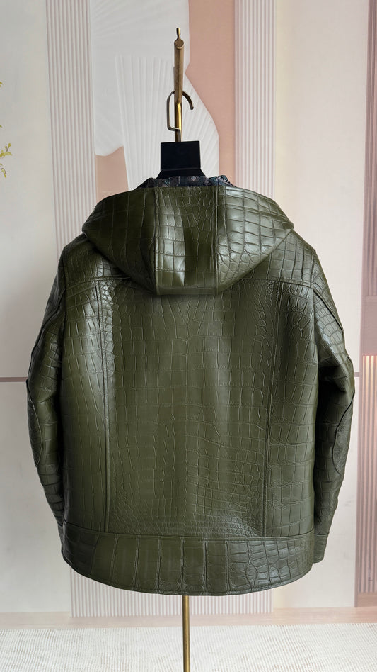 Special Offer ,Preorder Now Men's Crocodile Skin Leather Jacket Dark Green