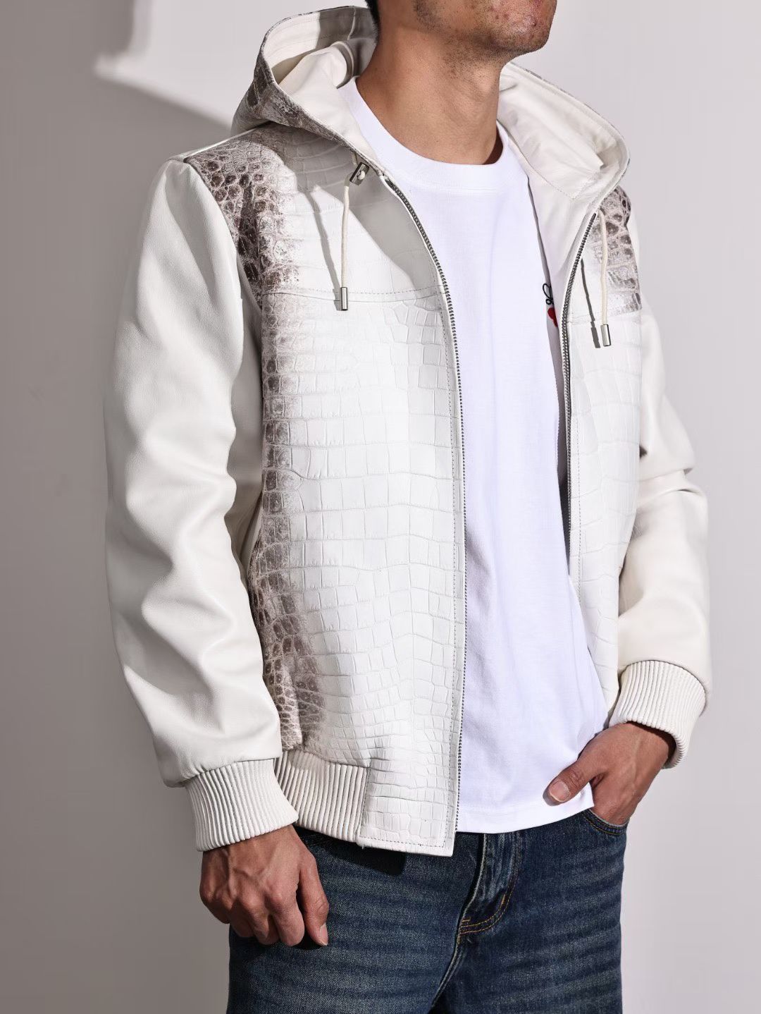 Giacca con cappuccio da uomo in pelle di coccodrillo himalayano premium, vera pelle di agnello