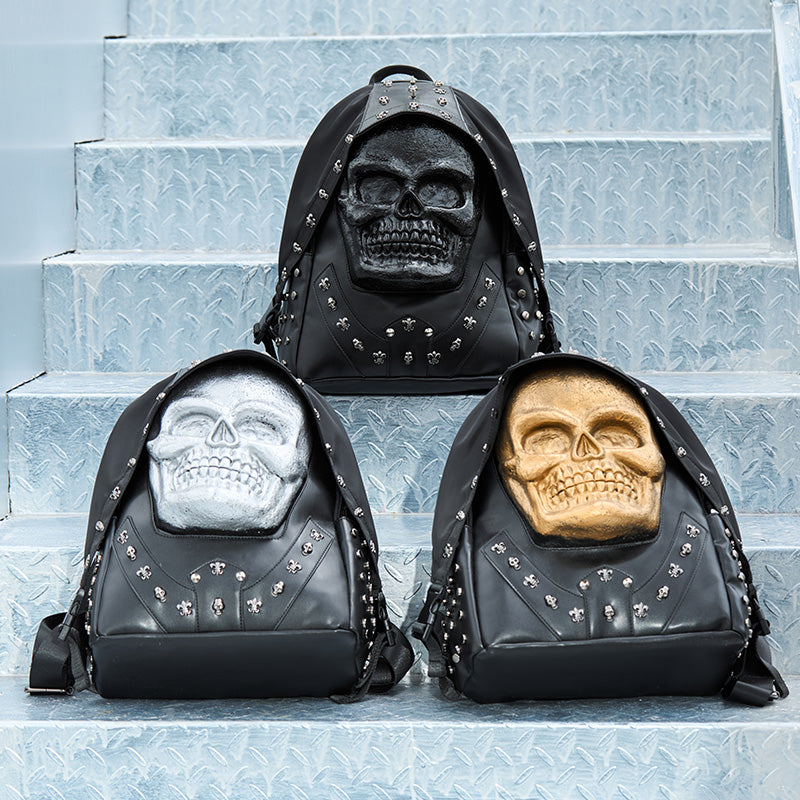 3D Backpack 3D PU Leather Skull Studded Computer Backpack
