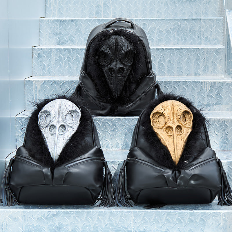 3D Backpack 3D PU Leather Beak Skull With Feather Computer Backpack