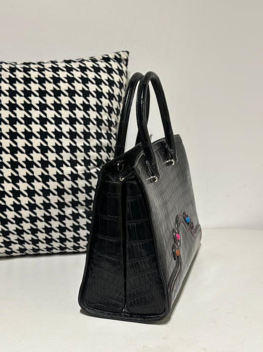 Crocodile Leather Top Handle Bag Black